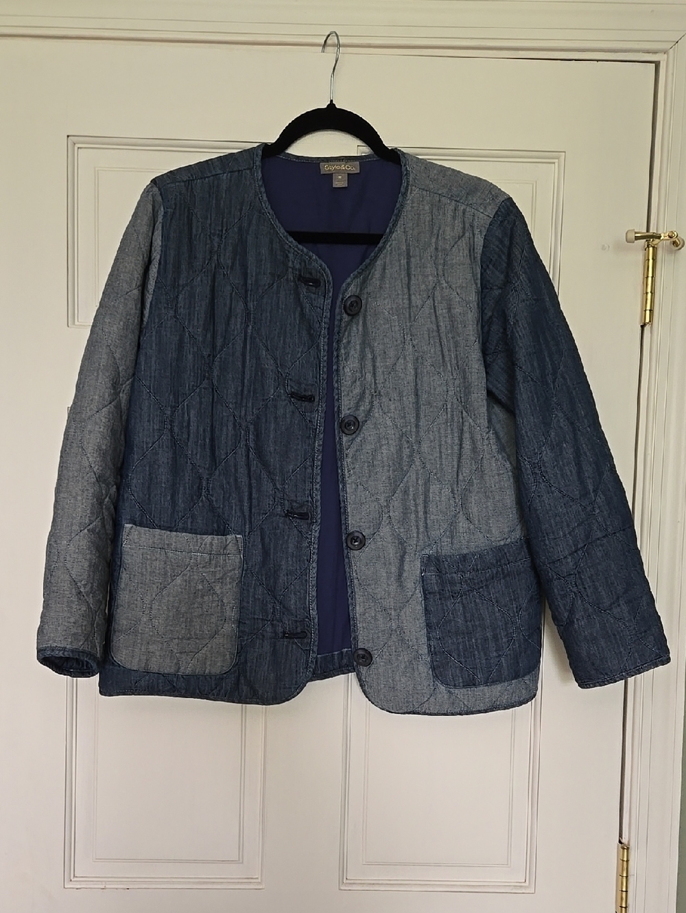 Style & Co. Two-Tone Quilted Denim Jacket in Dark Blue and Light Blue